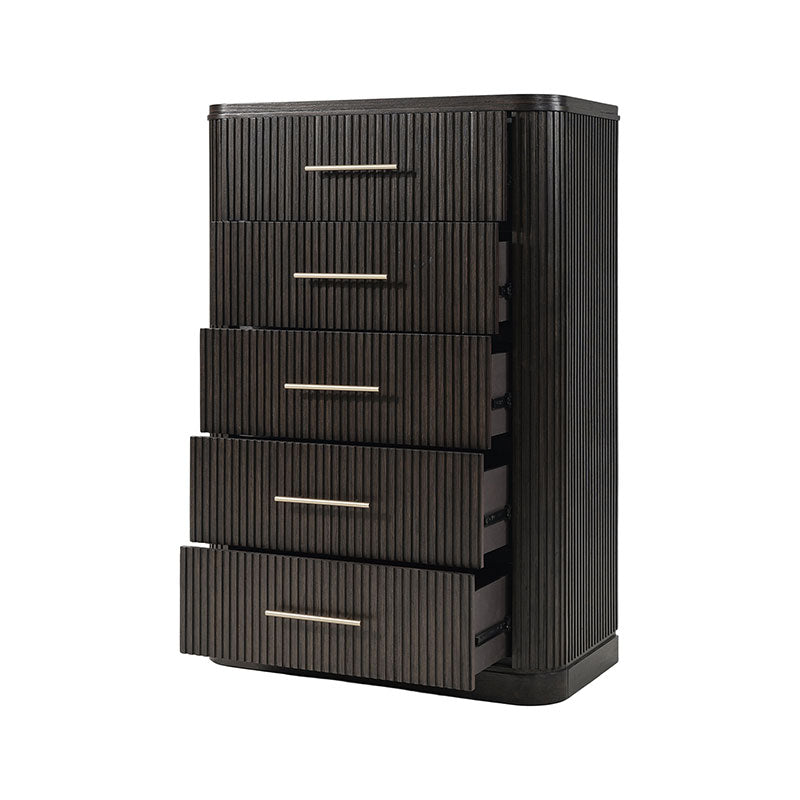 Modern Solid Wood Fluted Chest with 5 Drawers & Oak Texture