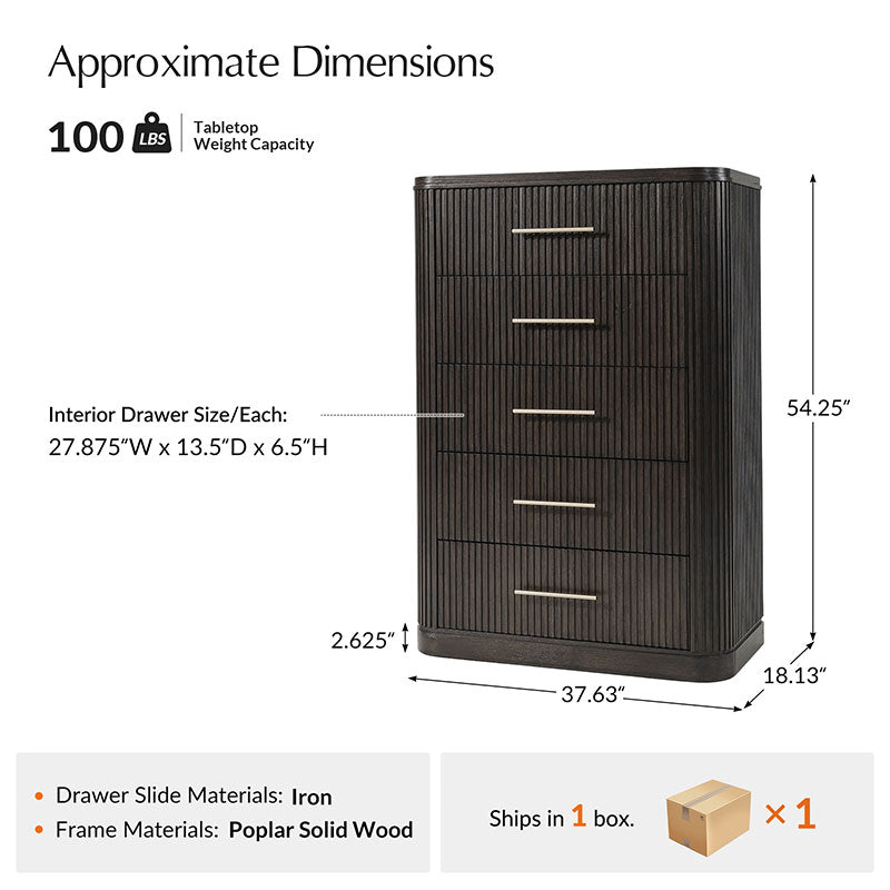 Modern Solid Wood Fluted Chest with 5 Drawers & Oak Texture