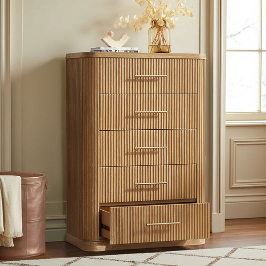 Modern Solid Wood Fluted Chest with 5 Drawers & Oak Texture
