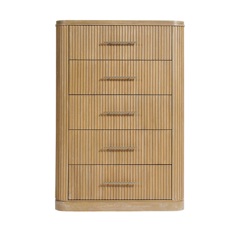 Modern Solid Wood Fluted Chest with 5 Drawers & Oak Texture
