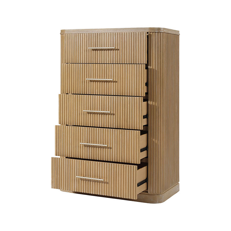 Modern Solid Wood Fluted Chest with 5 Drawers & Oak Texture