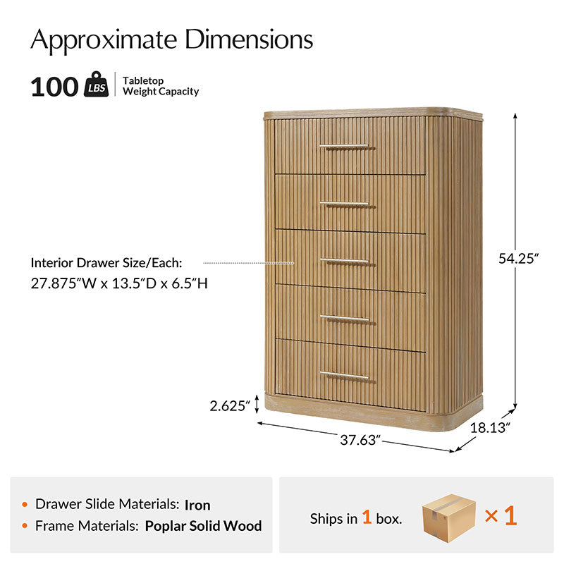 Modern Solid Wood Fluted Chest with 5 Drawers & Oak Texture