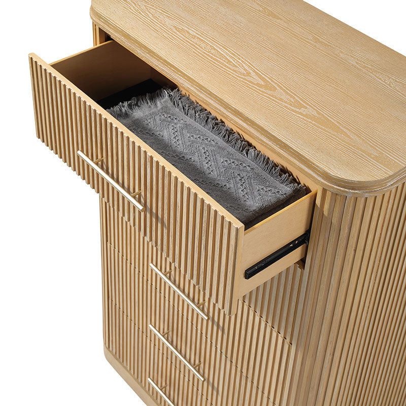 Modern Solid Wood Fluted Chest with 5 Drawers & Oak Texture