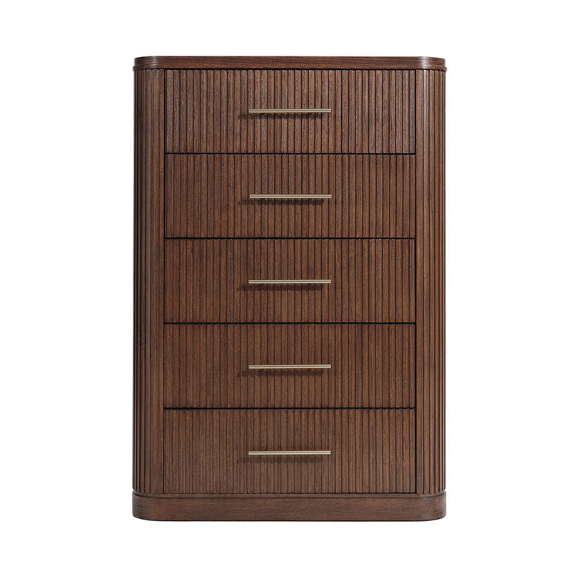 Modern Solid Wood Fluted Chest with 5 Drawers & Oak Texture