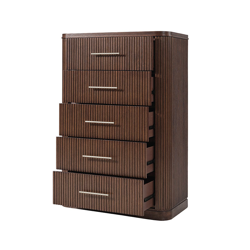 Modern Solid Wood Fluted Chest with 5 Drawers & Oak Texture