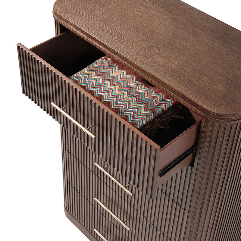 Modern Solid Wood Fluted Chest with 5 Drawers & Oak Texture