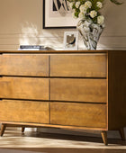 Apollone Mid-Century 6-Drawer Dresser with Solid Wood Legs