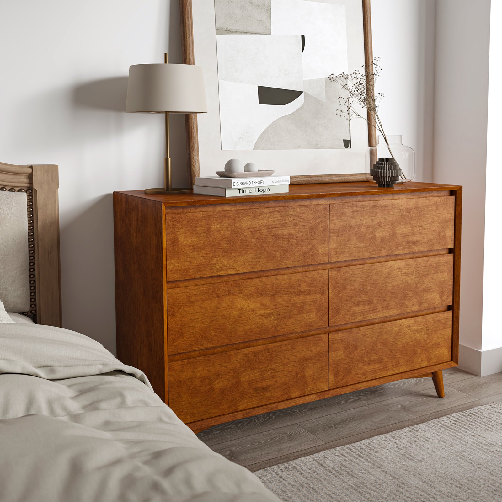 Apollone Mid-Century 6-Drawer Dresser with Solid Wood Legs and Adjustable Feet