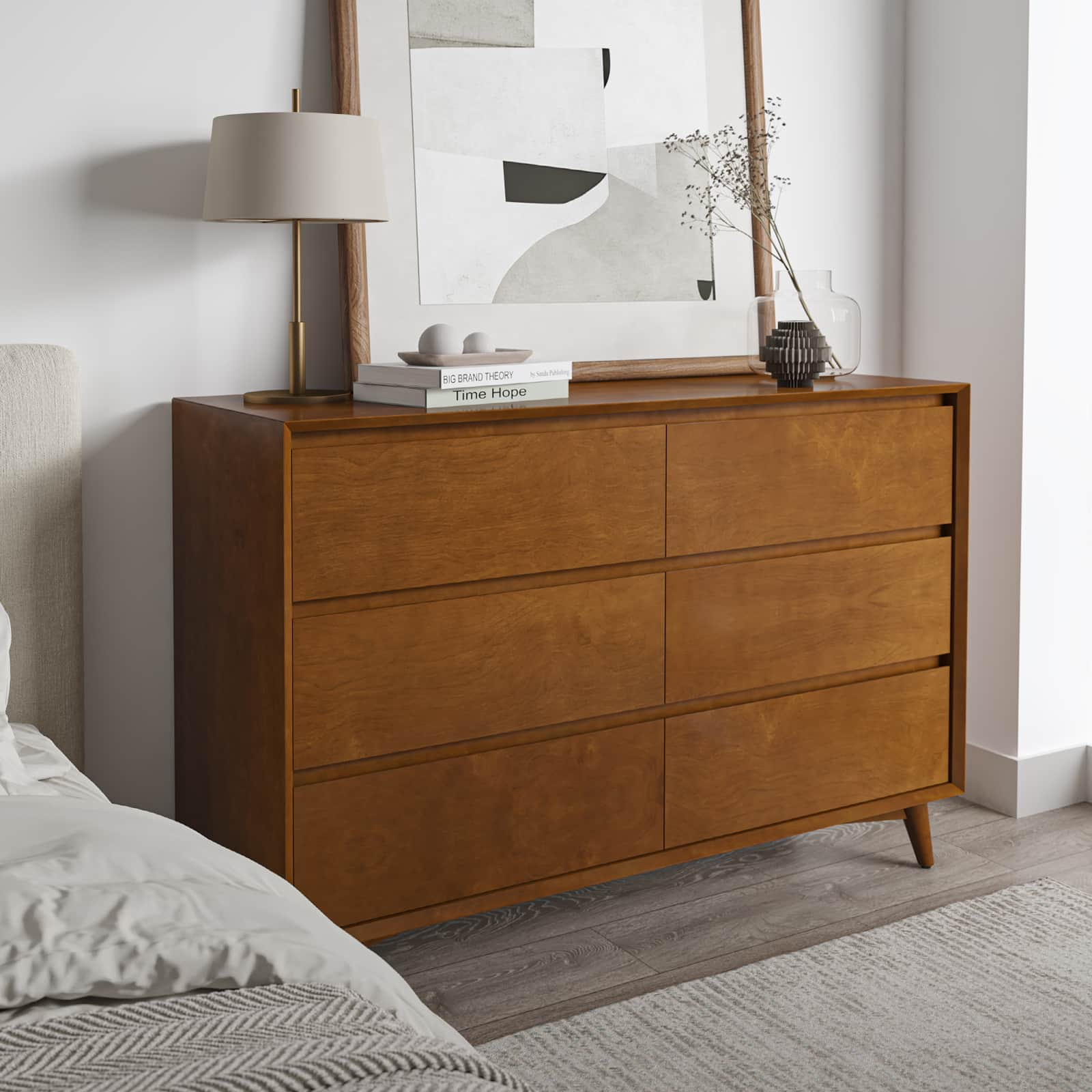 Apollone Mid-Century 6-Drawer Dresser with Solid Wood Legs