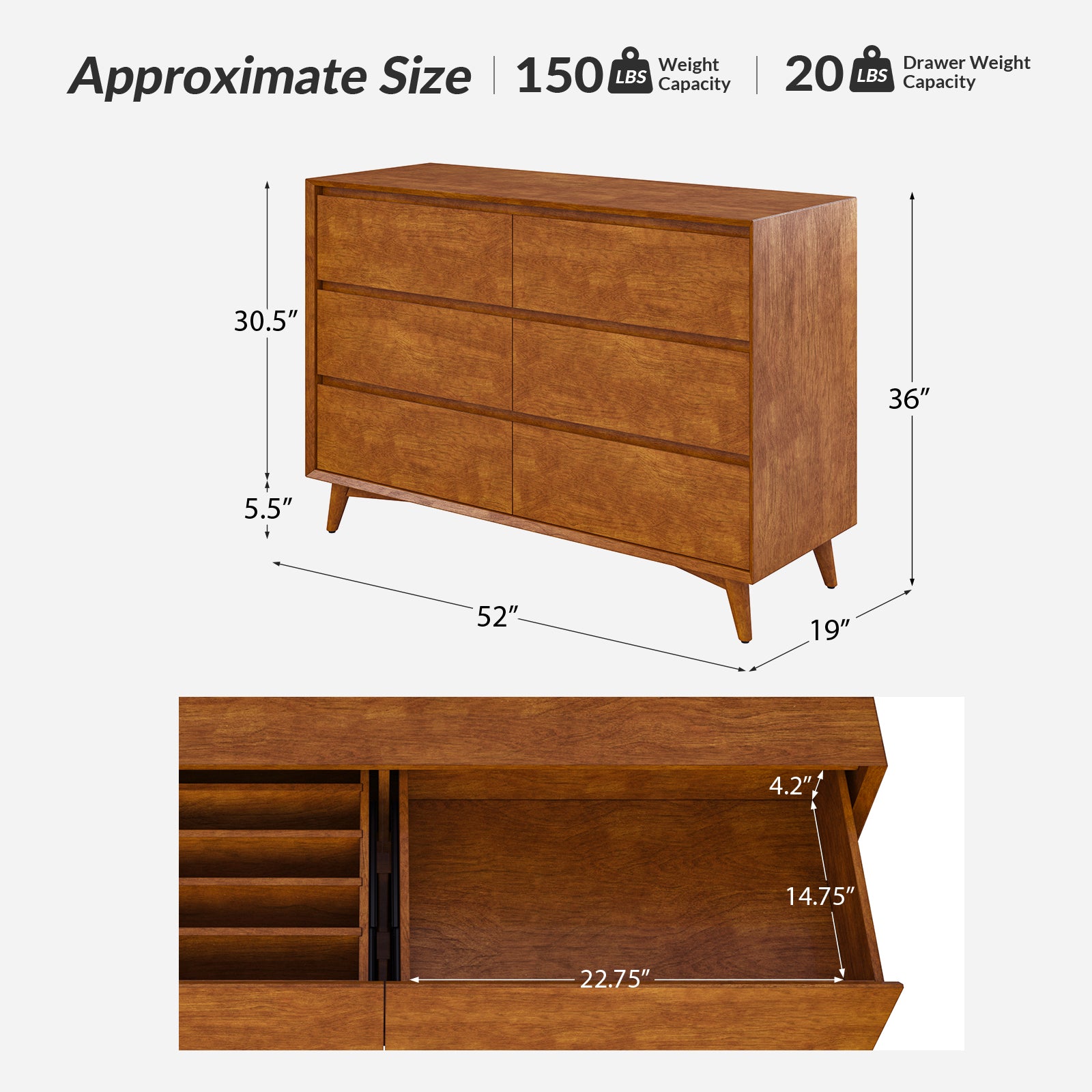 Apollone Mid-Century 6-Drawer Dresser with Solid Wood Legs and Adjustable Feet