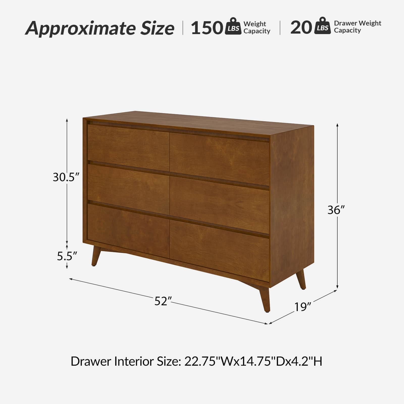 Apollone Mid-Century 6-Drawer Dresser with Solid Wood Legs