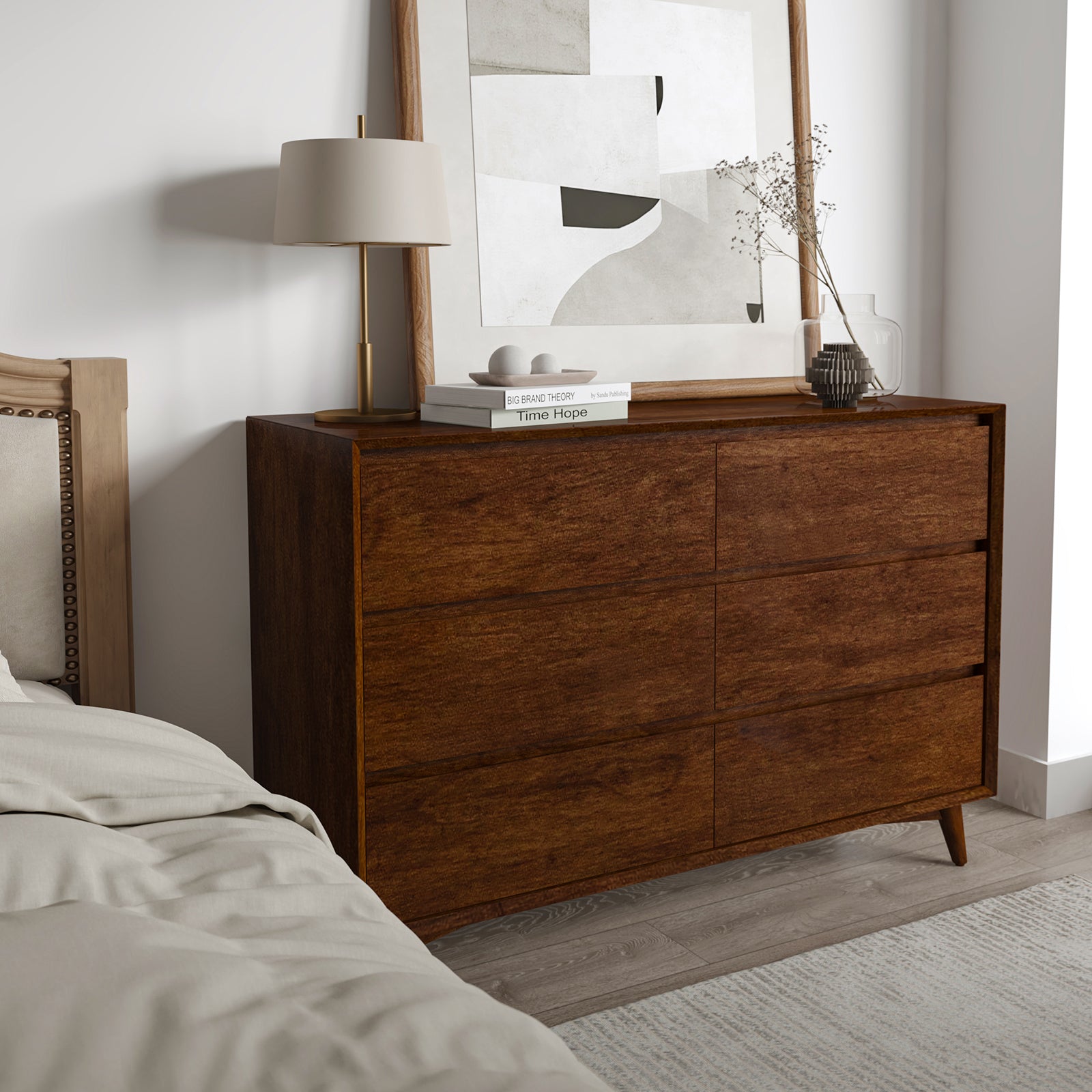 Apollone Mid-Century 6-Drawer Dresser with Solid Wood Legs and Adjustable Feet