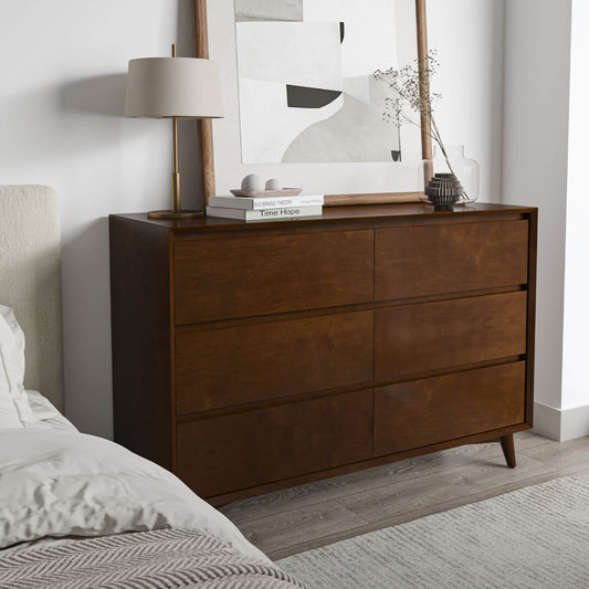 Apollone Mid-Century 6-Drawer Dresser with Solid Wood Legs