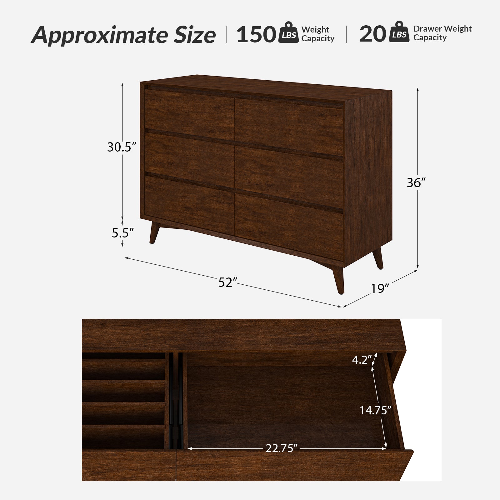 Apollone Mid-Century 6-Drawer Dresser with Solid Wood Legs and Adjustable Feet