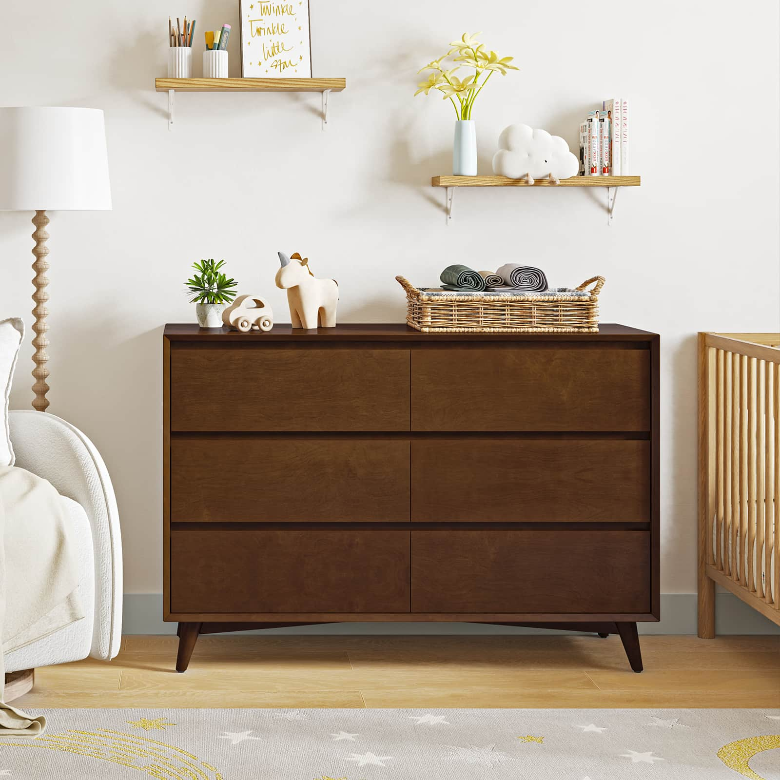 Apollone Mid-Century 6-Drawer Dresser with Solid Wood Legs