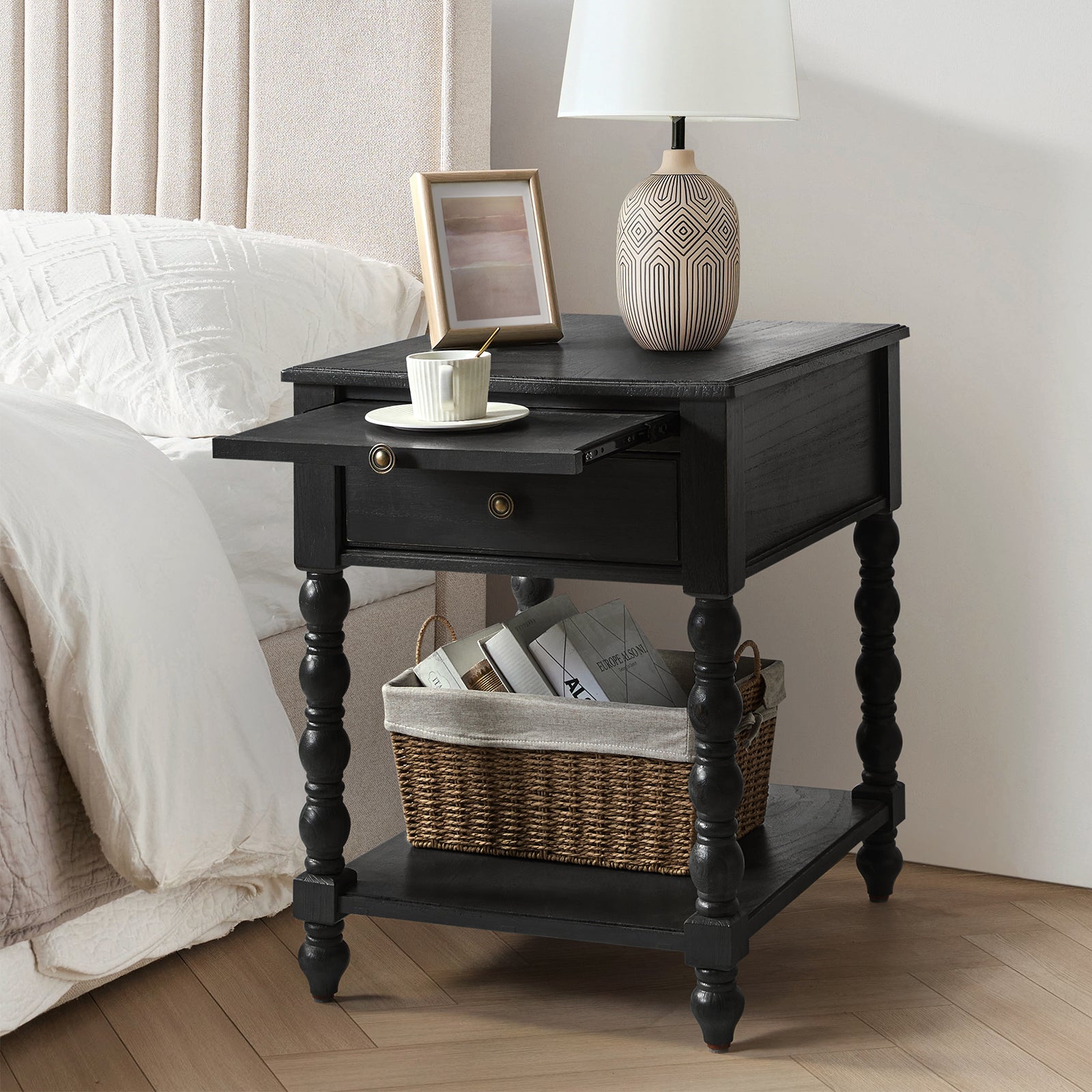 Ira 26" Tall Farmhouse Solid Wood End Table with Built-in Charging Outlets