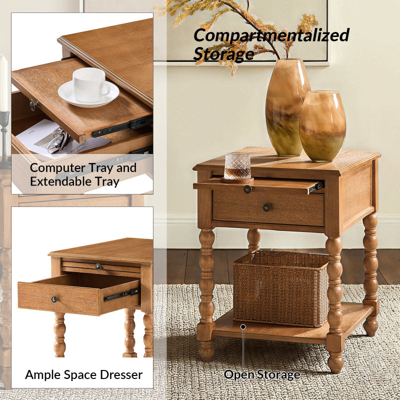 Ira 26" Tall Farmhouse Solid Wood End Table with Built-in Charging Outlets(Optional Types)