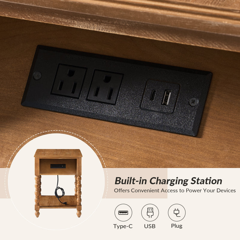 Ira 26" Tall Farmhouse Solid Wood End Table with Built-in Charging Outlets(Optional Types)