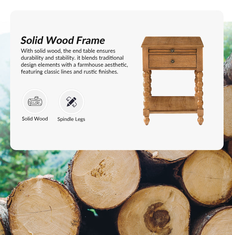 Ira 26" Tall Farmhouse Solid Wood End Table with Built-in Charging Outlets(Optional Types)