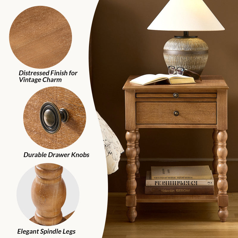 Ira 26" Tall Farmhouse Solid Wood End Table with Built-in Charging Outlets(Optional Types)