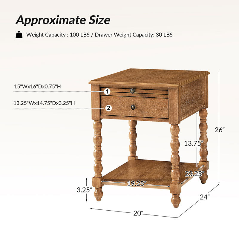 Ira 26" Tall Farmhouse Solid Wood End Table with Built-in Charging Outlets(Optional Types)