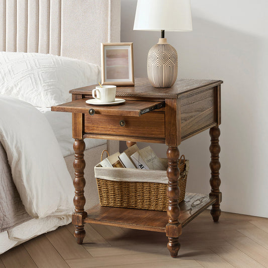 Ira 26" Tall Farmhouse Solid Wood End Table with Built-in Charging Outlets(Optional Types)