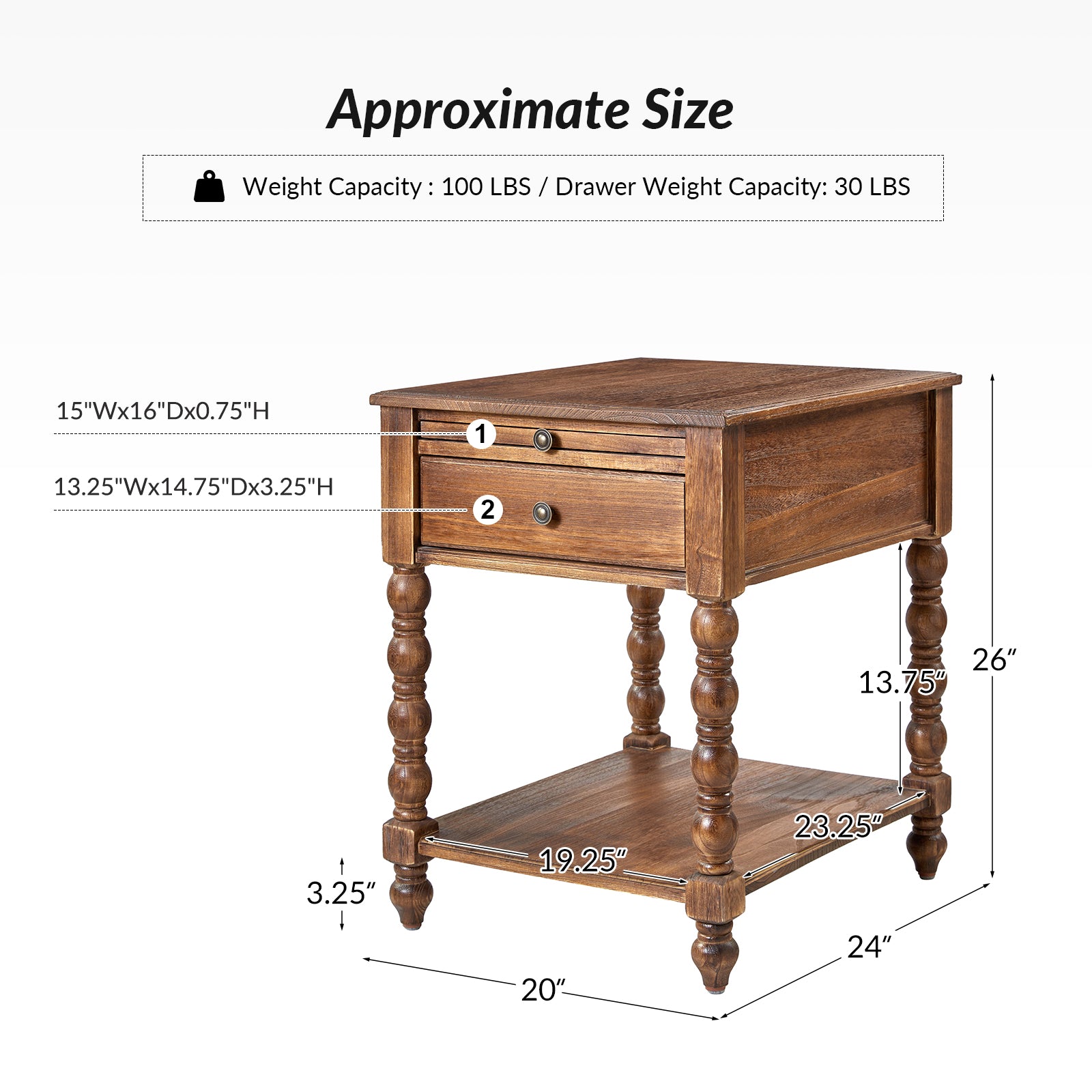 Ira 26" Tall Farmhouse Solid Wood End Table with Built-in Charging Outlets