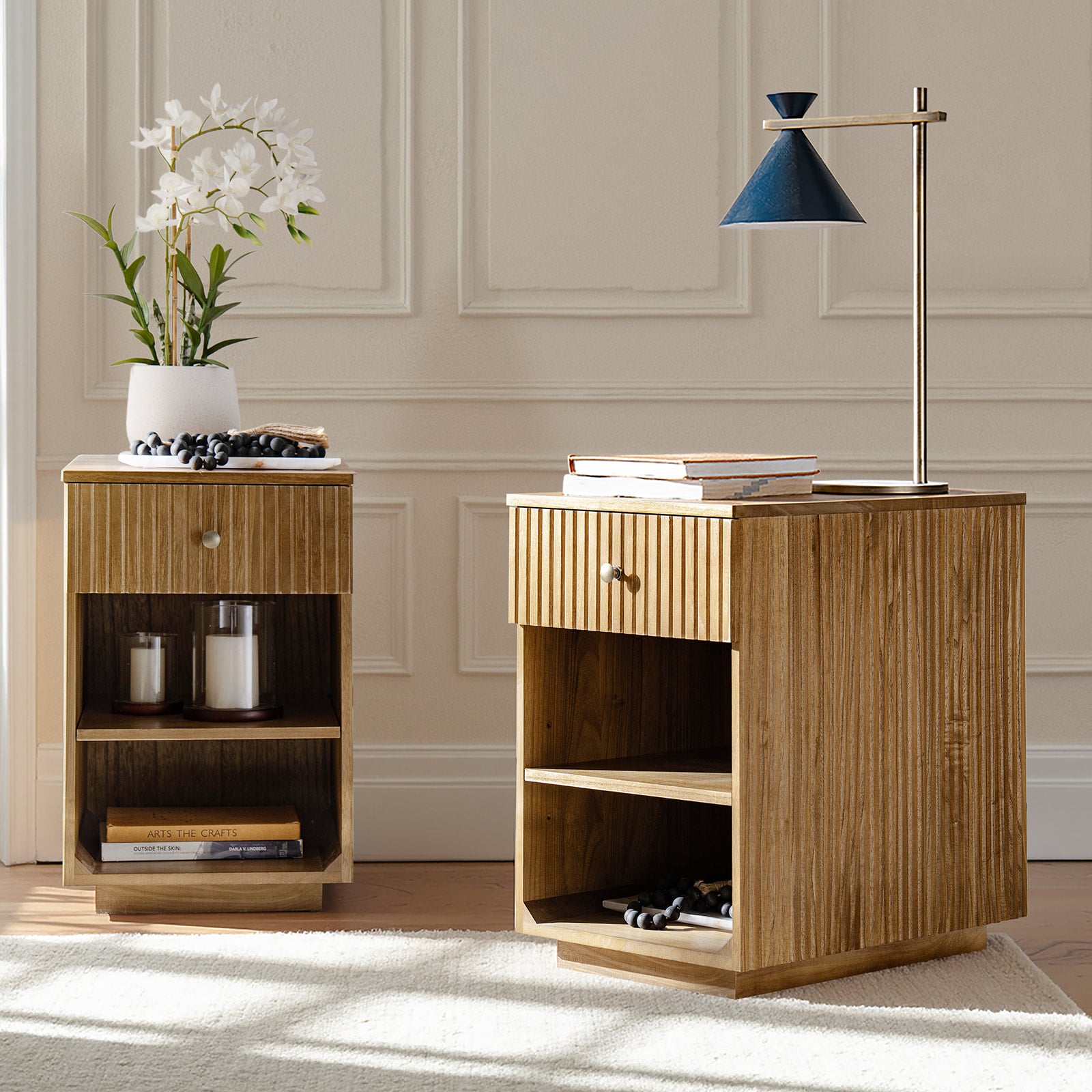 Reeded Modern End Table with Adjustable Shelf & USB Ports(Optional Types)