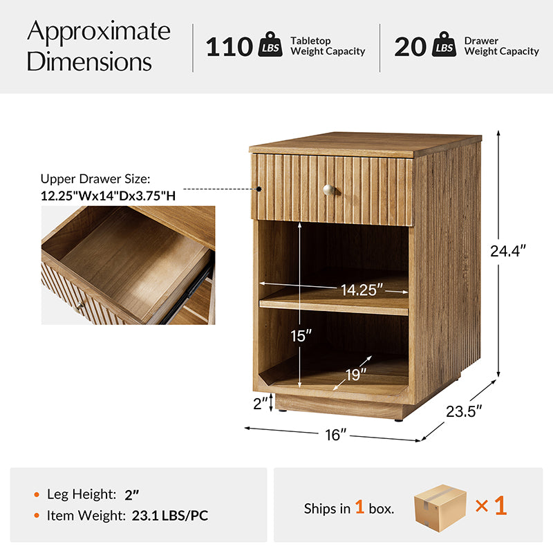 Reeded Modern End Table with Adjustable Shelf & USB Ports(Optional Types)