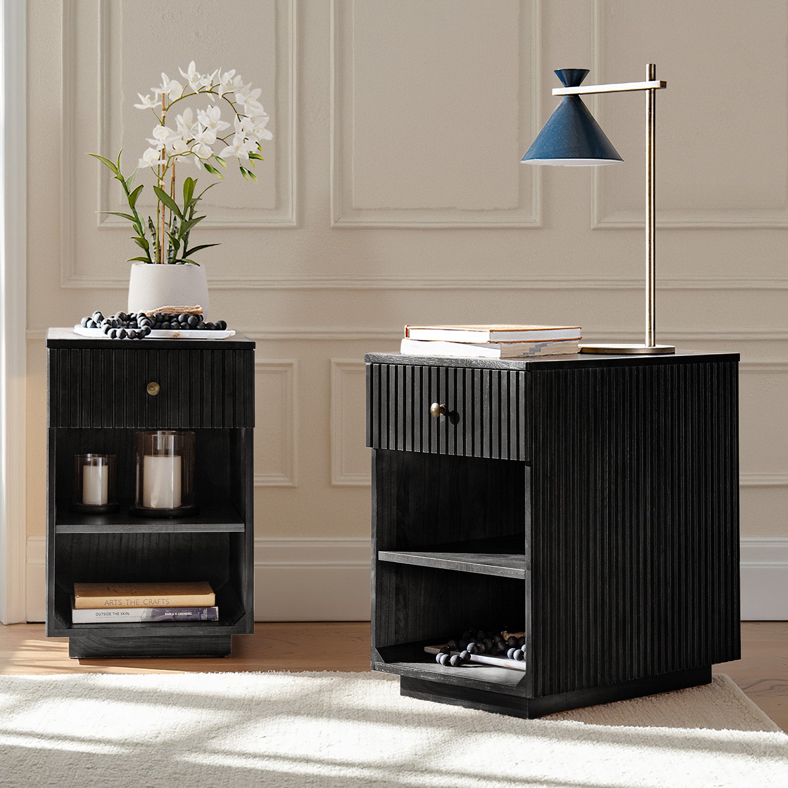 Reeded Modern End Table with Adjustable Shelf & USB Ports(Optional Types)