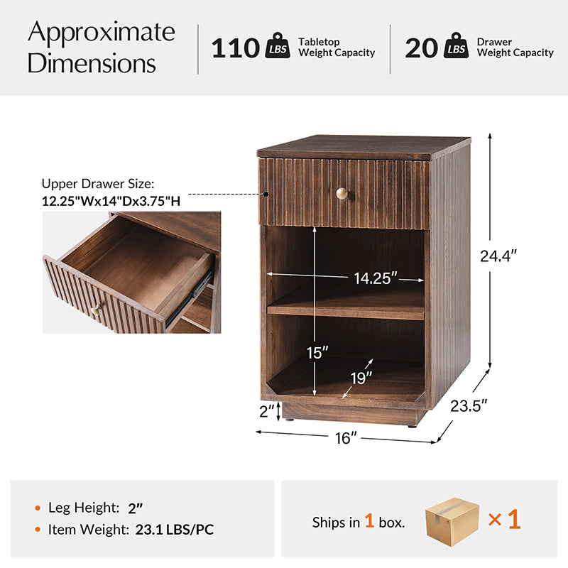 Reeded Modern End Table with Adjustable Shelf & USB Ports(Optional Types)