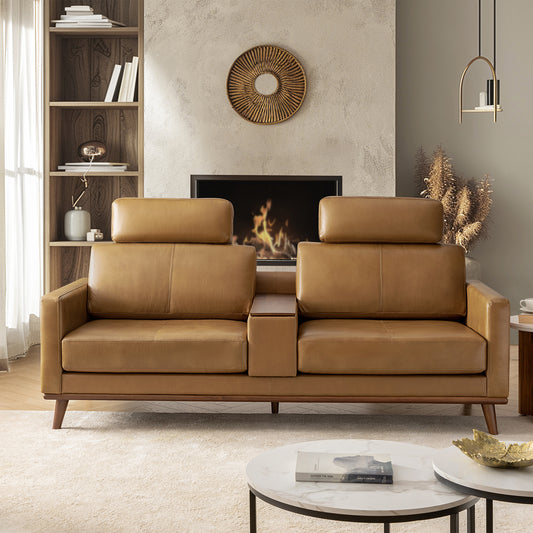 Eduarda Genuine Leather Sofa w/ USB, Storage & Removable Headrest