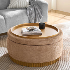 Eon Round Storage Ottoman with Reversible Tray – Soft Upholstered Accent Footstool