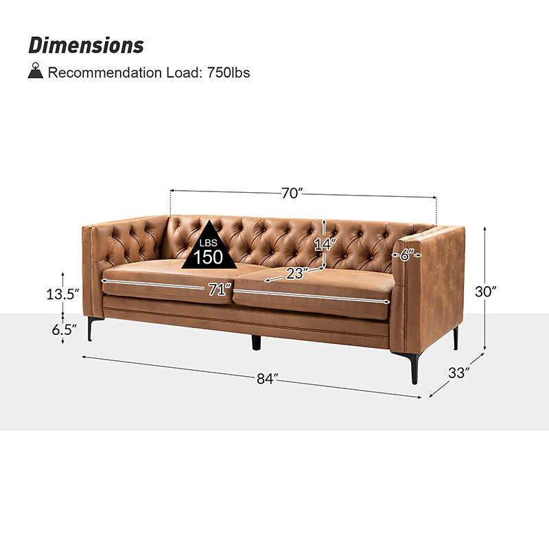 Capsa 84 inch vegan leather tufted sofa in Camel color