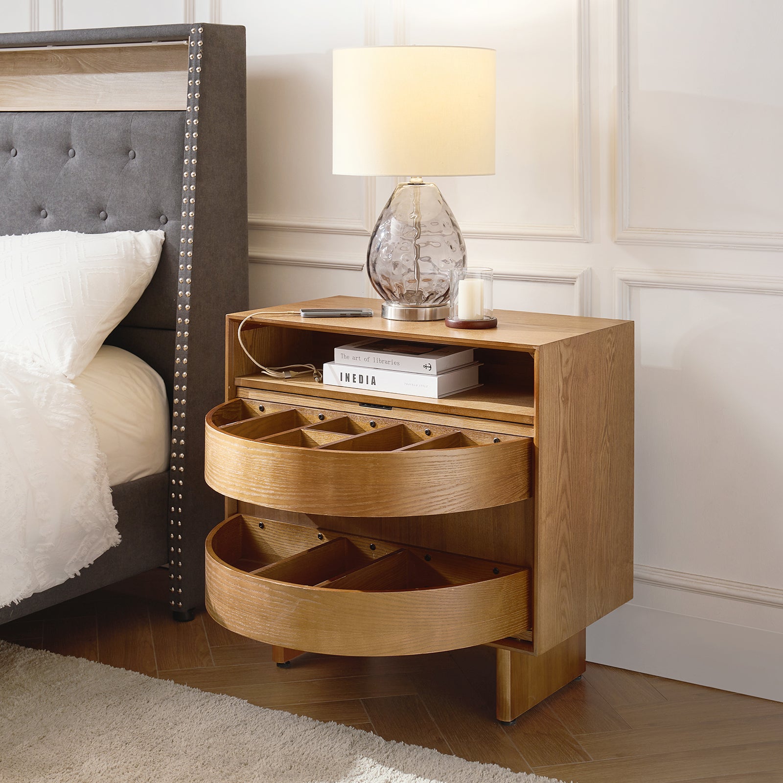 Dan 28" Tall Modern Style Nightstand with Built-In Outlets