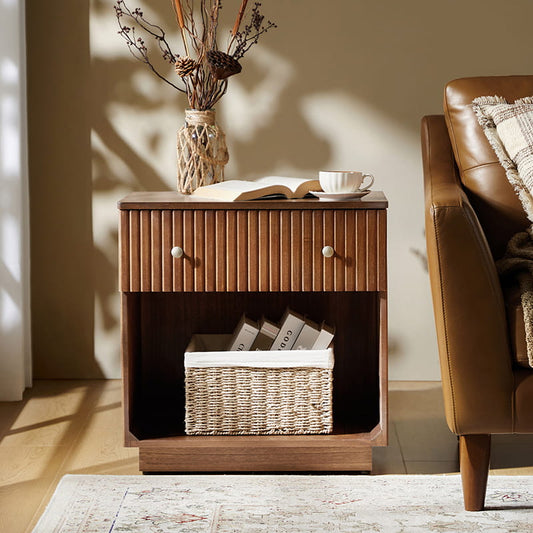 Lina Modern Solid Wood End Table with Charging Station – Slatted Bedside Table with Hidden Storage(Optional Types)