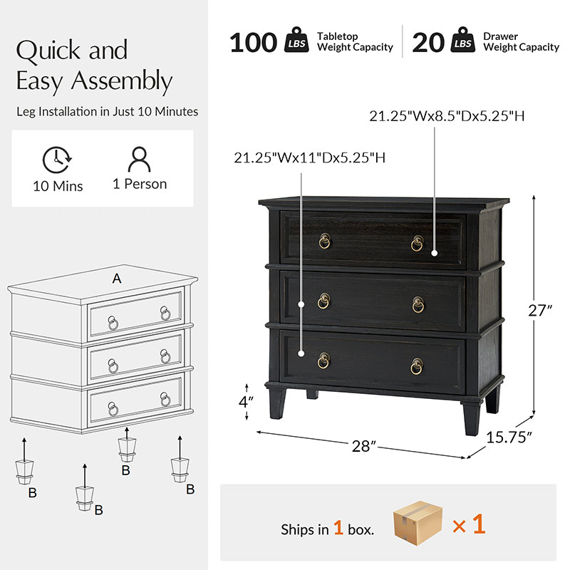 Jules Classic Solid Wood 3-Drawer End Table with USB Ports