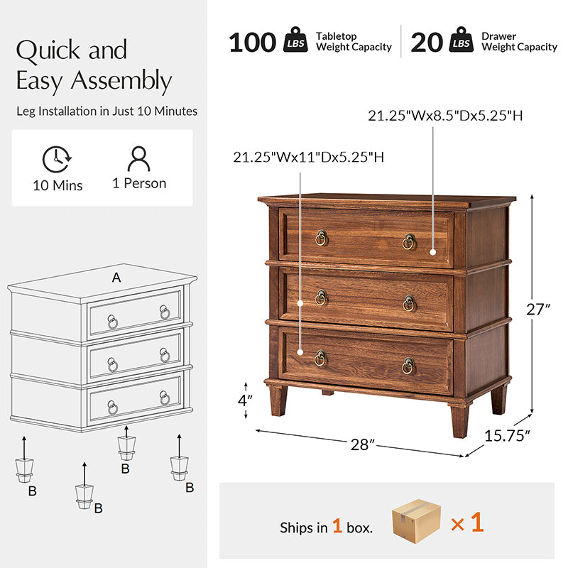 Jules Classic Solid Wood 3-Drawer End Table with USB Ports