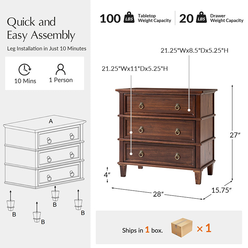 Jules Classic Solid Wood 3-Drawer Nightstand with USB Ports