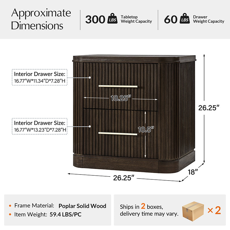 Modern Solid Wood Fluted Nightstand with USB & Oak Texture