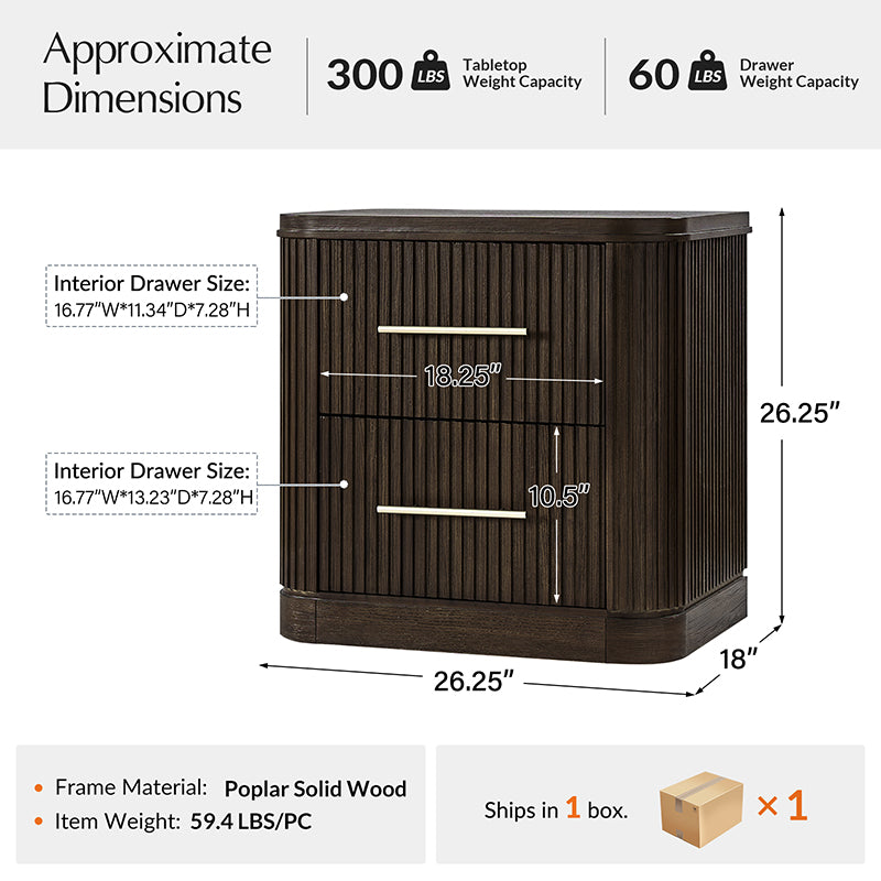Modern Solid Wood Fluted Nightstand with USB & Oak Texture
