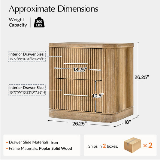 Verral Modern Solid Wood Fluted Nightstand with USB & Oak Texture