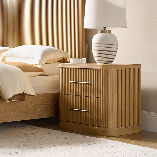 Modern Solid Wood Fluted Nightstand with USB & Oak Texture
