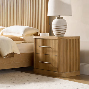 Modern Solid Wood Fluted Nightstand with USB & Oak Texture