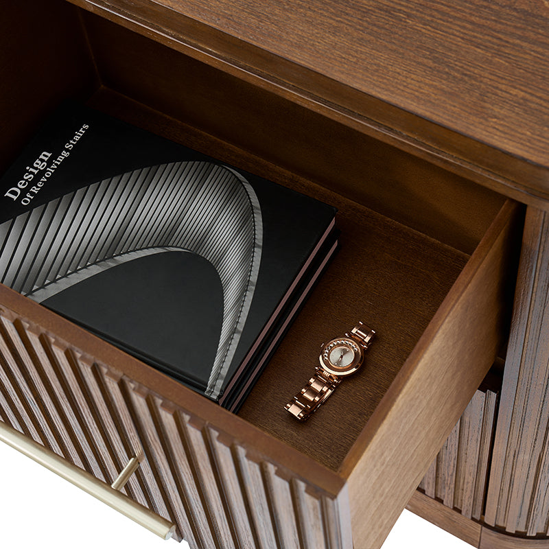 Verral Modern Solid Wood Fluted Nightstand with USB & Oak Texture