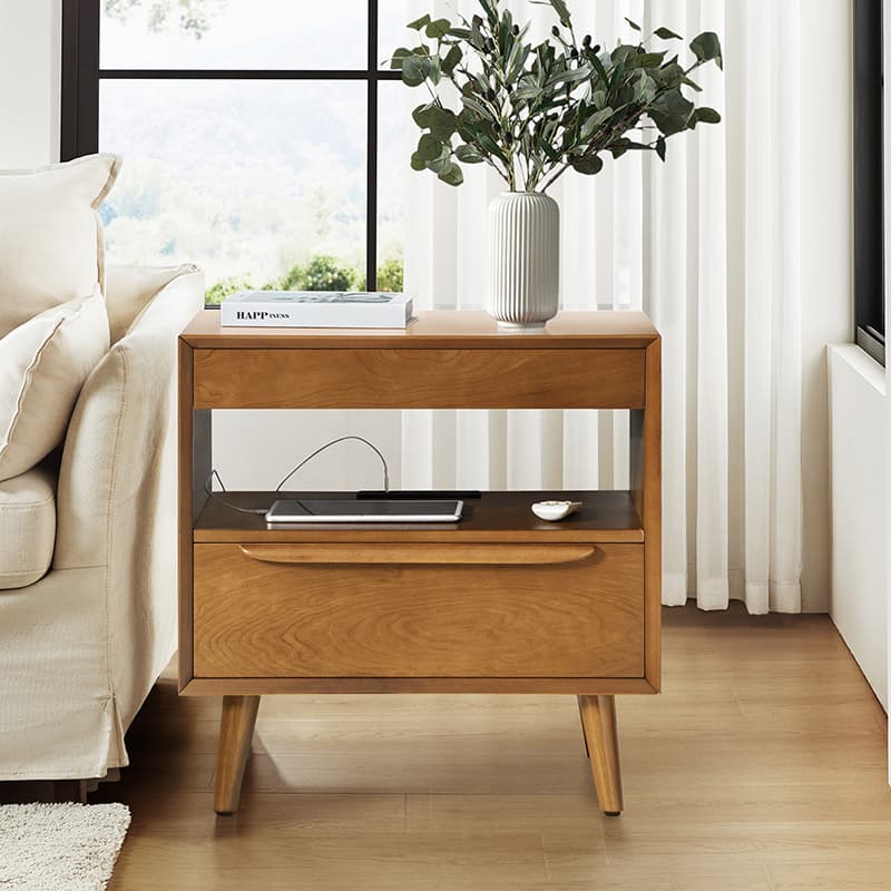 Hulala Home Giralda 2 Drawer Mid Century Modern Nightstand with Built in Outlets Acorn