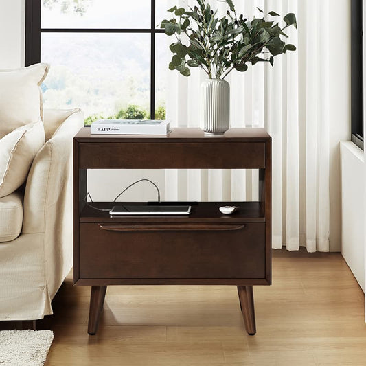 Giralda 2-Drawer Mid-century Modern Nightstand with Built-In Outlets