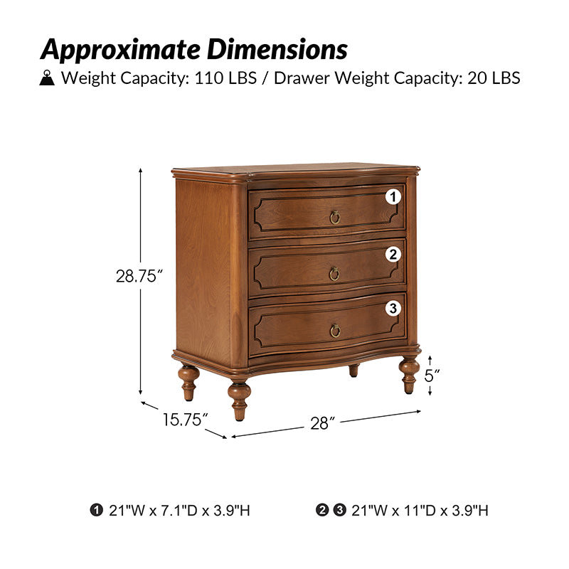 Bernhard 3-Drawer Traditional Style Nightstand Chest with Built-In Outlets