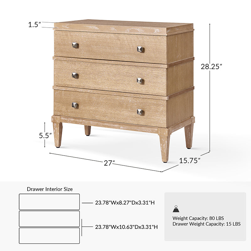 Lorenz Transitional 3-Drawer Nightstand with Charging Station