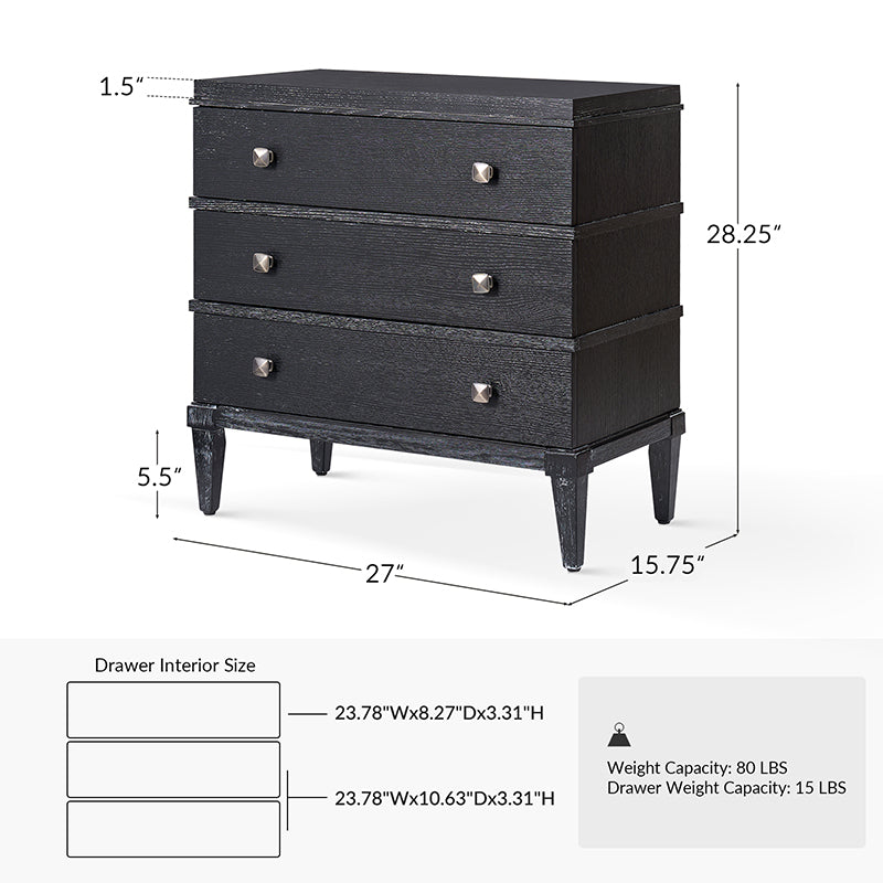 Lorenz Transitional 3-Drawer Nightstand with Charging Station